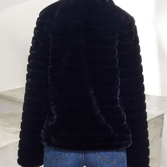 Gallery Women's Hooded Grooved Faux-Fur Jacket Black Size L - Picture 2 of 10
